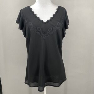 Y2K Chadwicks Black Lace Trim Flutter Sleeve V Neck Sheer Top Blouse Size 12